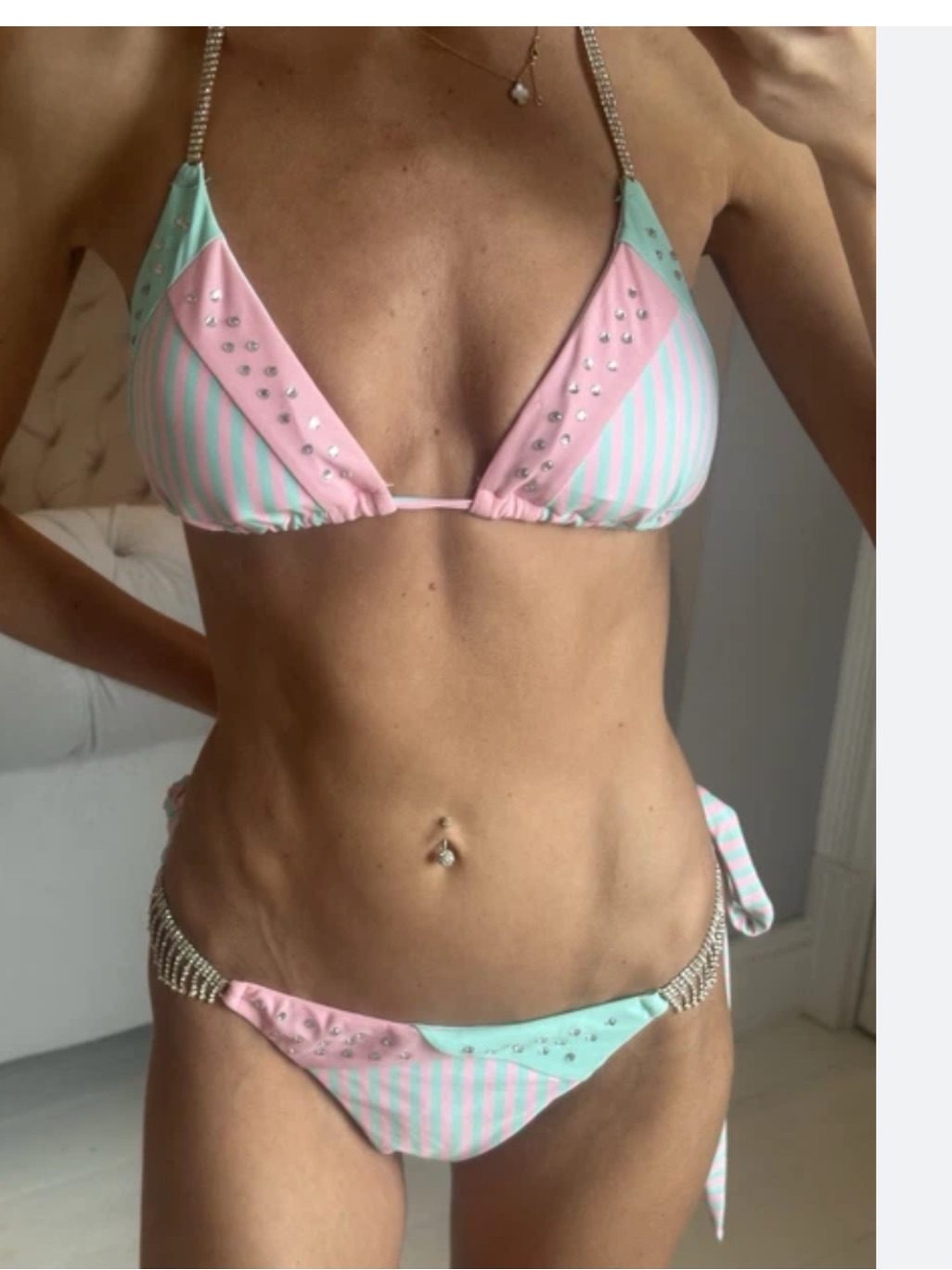 Striped Pink & Teal Tie-Side Triangle Bikini Medium Top & Xs Bottom Nwt — image 6 of 8